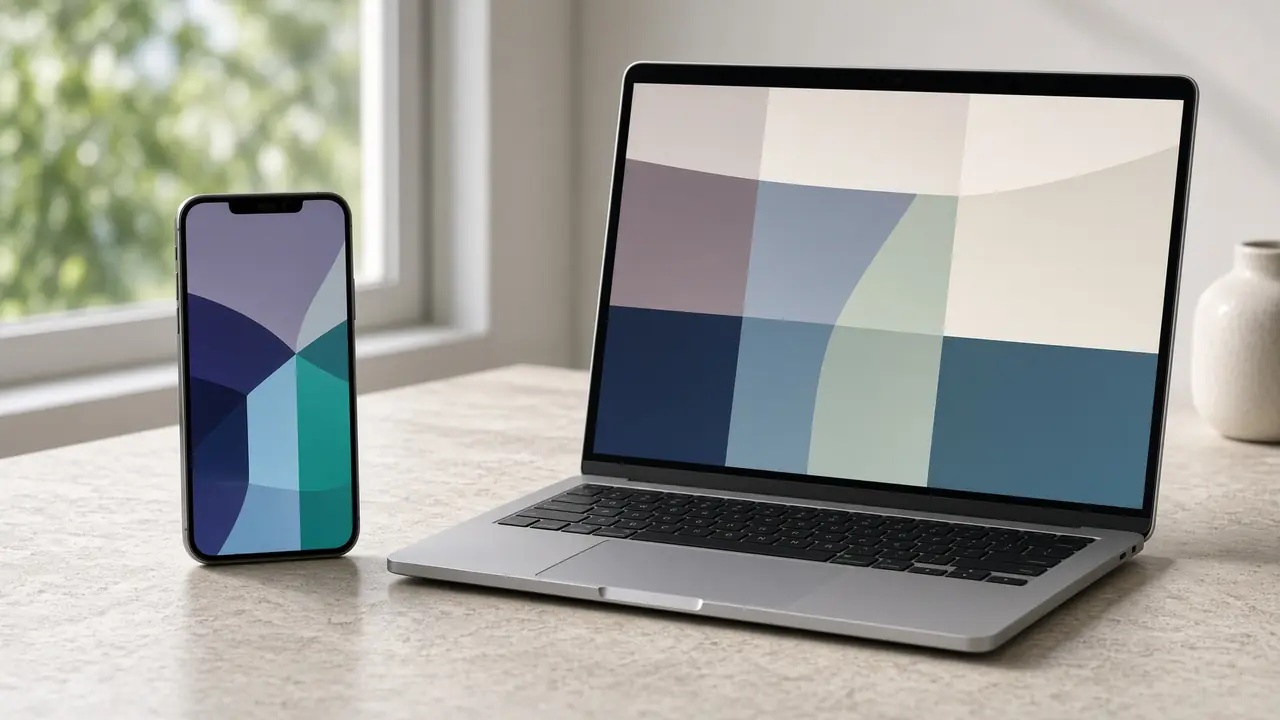 A phone and a laptop on a pale desk by a window.
