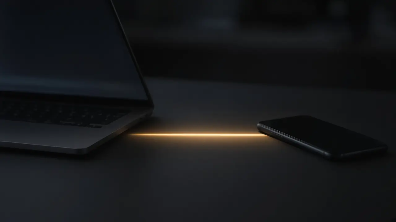 A warm line of light between a laptop and a phone. Screens are unreadable.