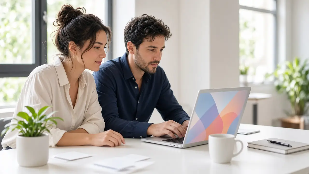 Two people at a bright desk. The laptop screen cannot be read.