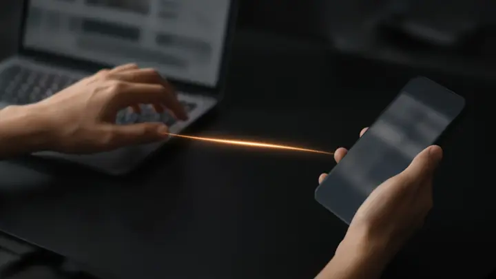 Hands between a laptop and a phone on a black desk. Screens are unreadable.