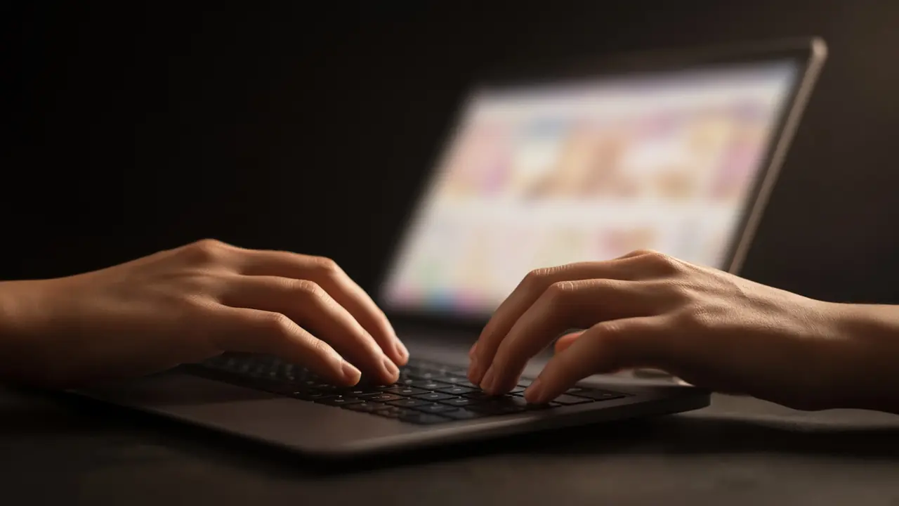 Hands on a keyboard. The screen is out of focus.