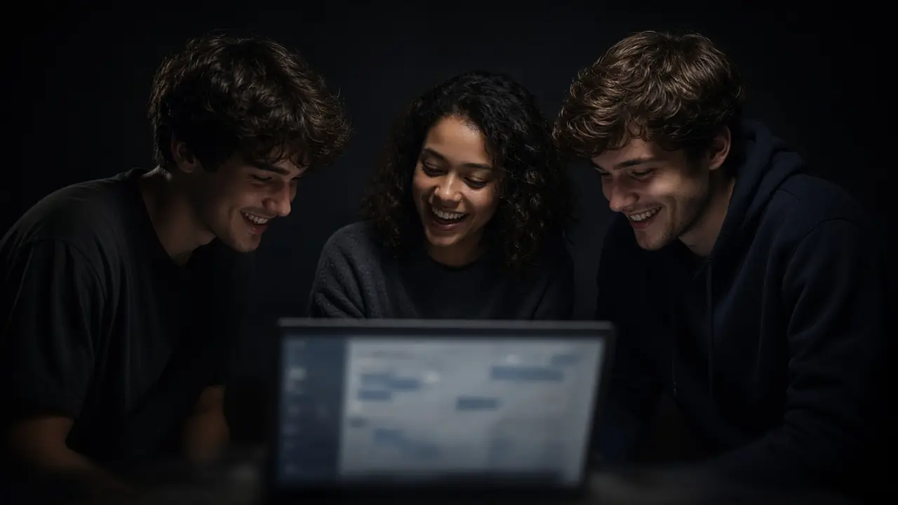 Three young people around a laptop in a dark studio. The screen cannot be read.