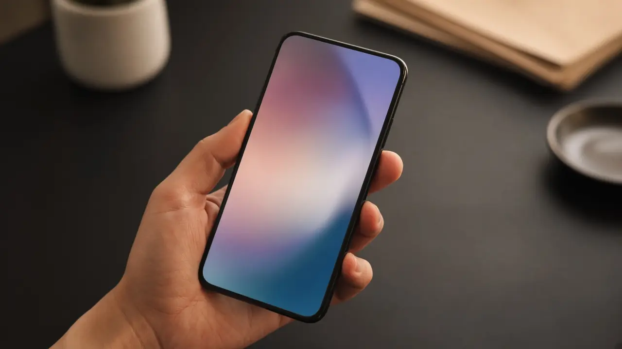 A hand holds a phone over a dark desk. The screen is color blocks.