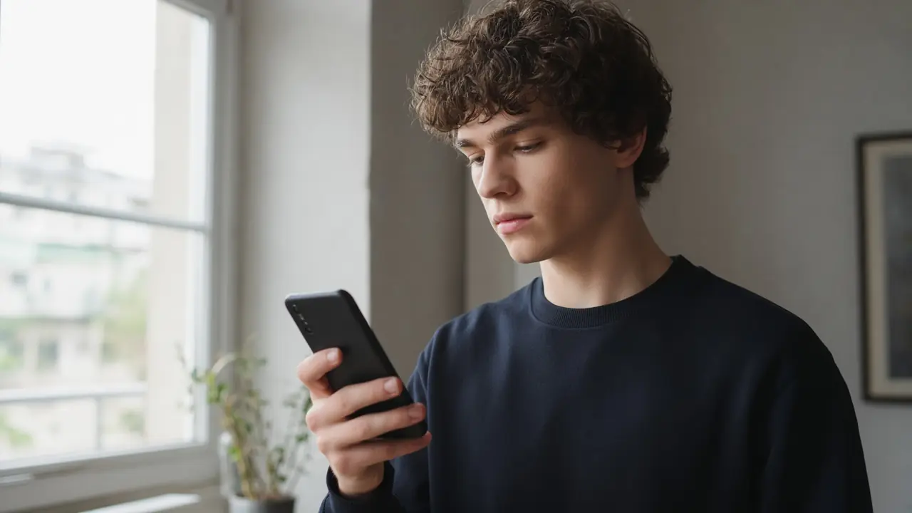 A person by a bright window, phone in hand. We see the back of the phone.
