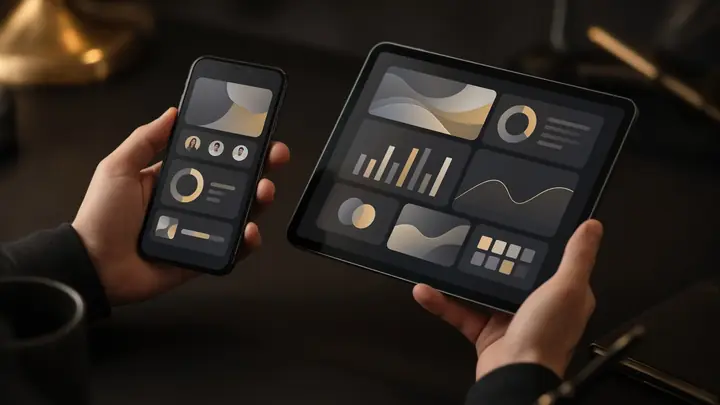 A phone and a tablet over a dark desk. The screens are abstract blocks.