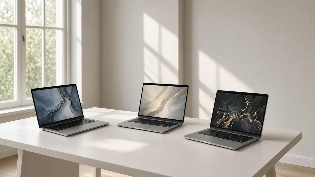 Three laptops on a pale table, in morning light.