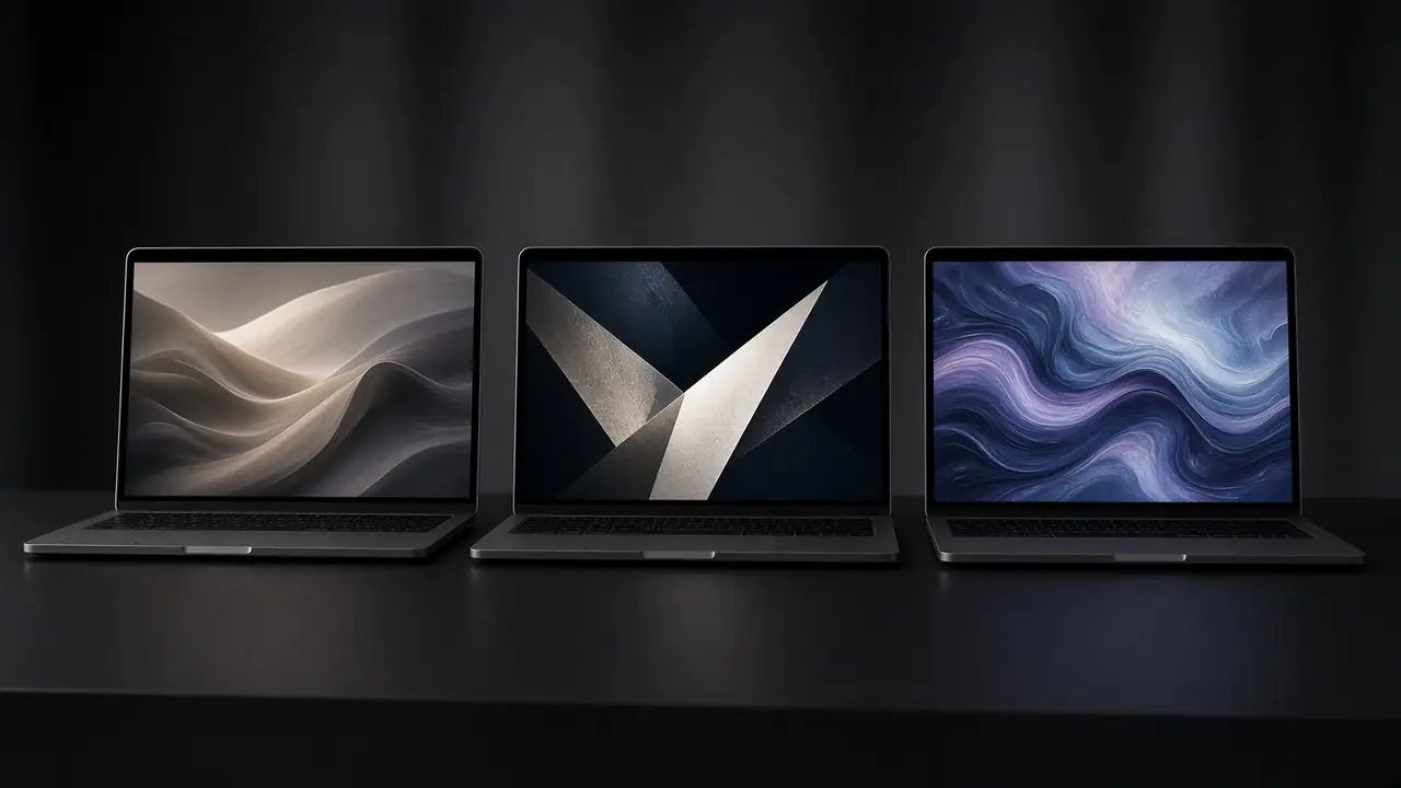 Three laptops in a row. The screens cannot be read.