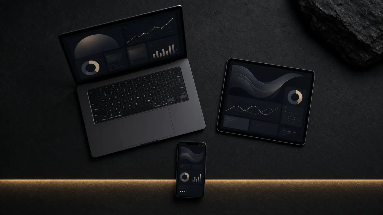 A laptop, a phone, and a tablet on black stone. The screens cannot be read.