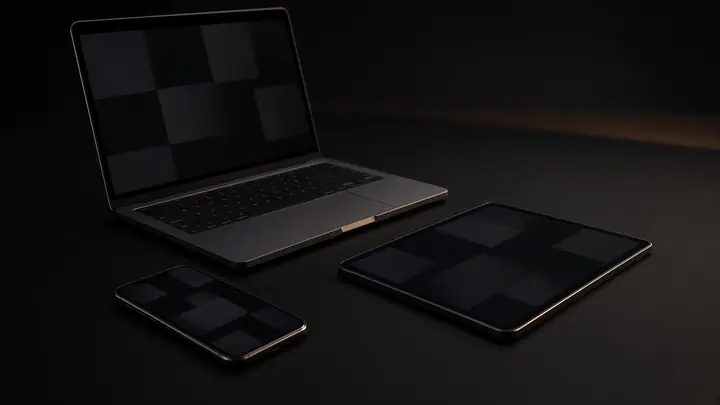 A laptop, a phone, and a tablet on a black table.