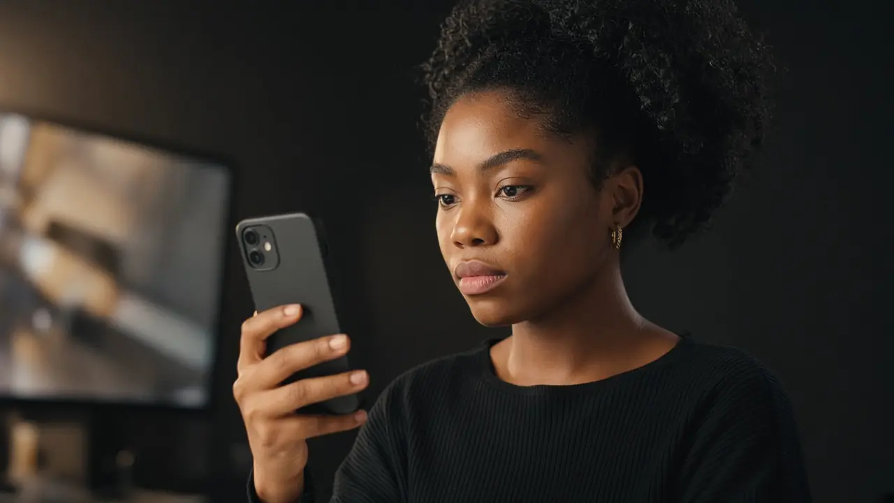 A person holding a phone in a dark studio, the screen turned away.