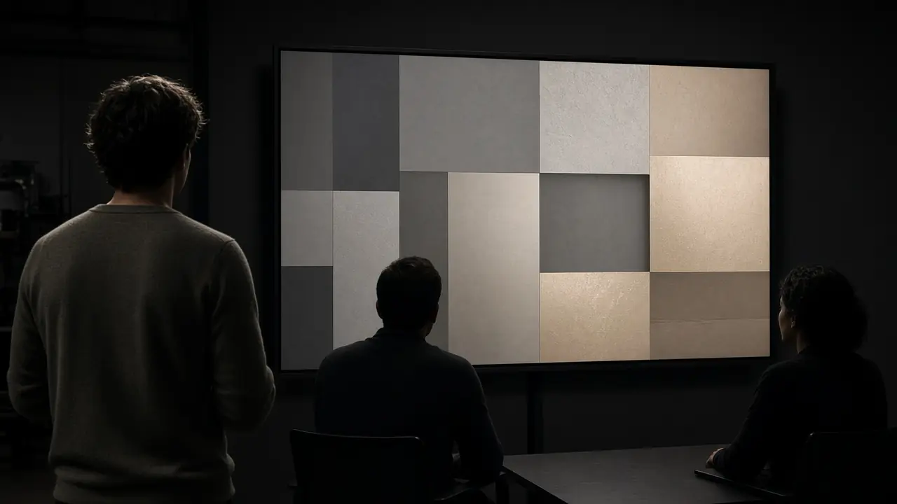 A person presents a monitor of blocks to two colleagues.