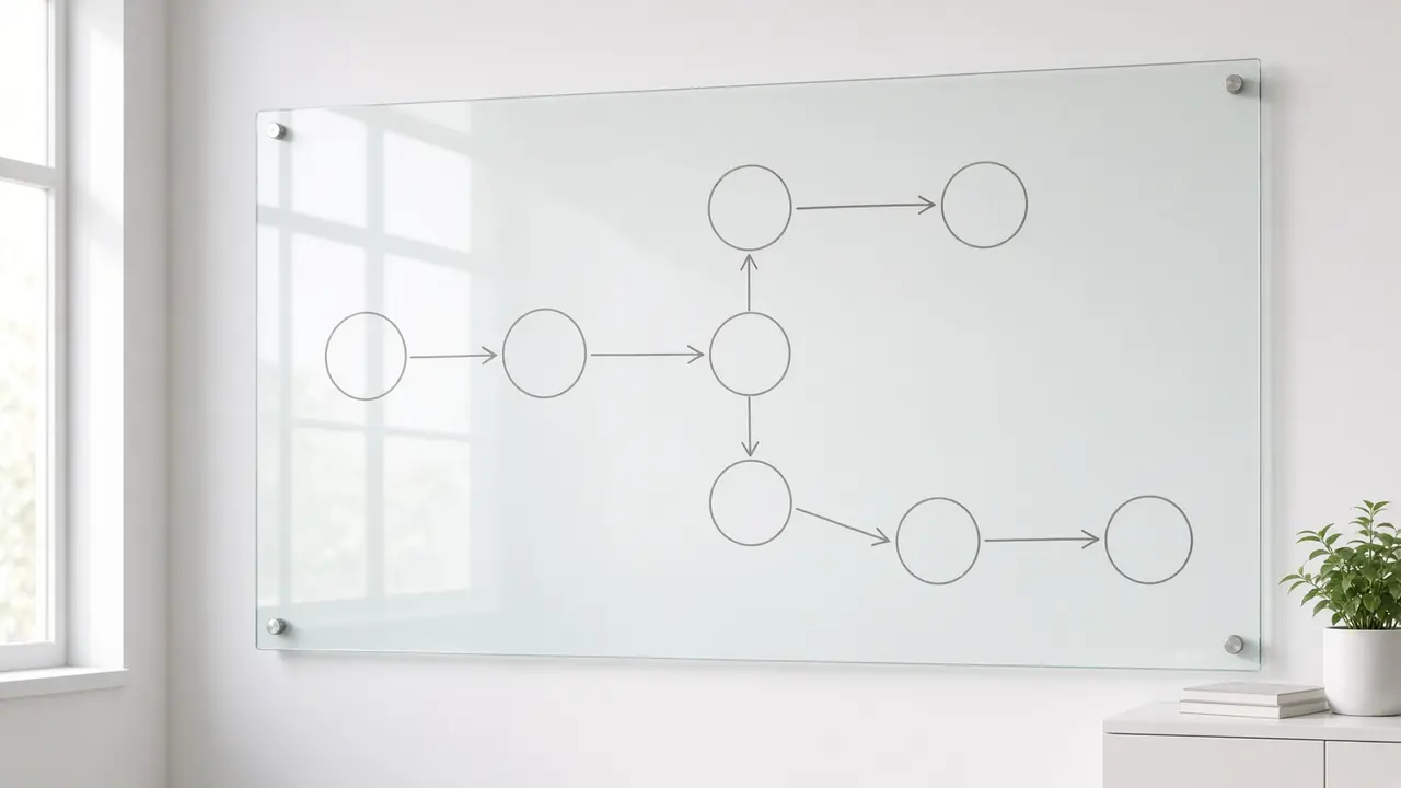A glass whiteboard of circles and arrows, in daylight. No words.