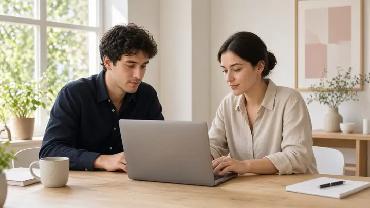 Two people at a laptop in a bright studio. The screen cannot be read.