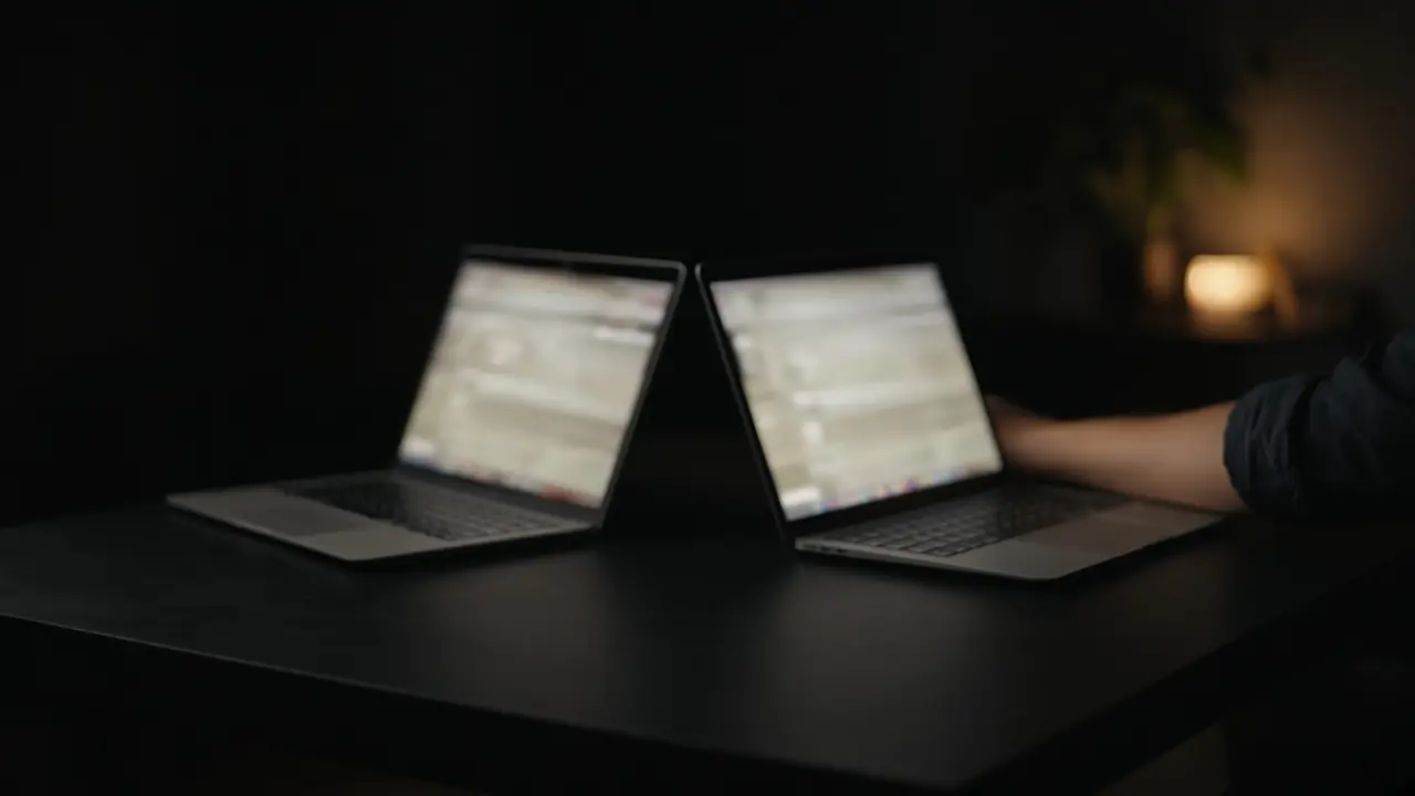Two laptops face each other during a review. The screens are out of focus.