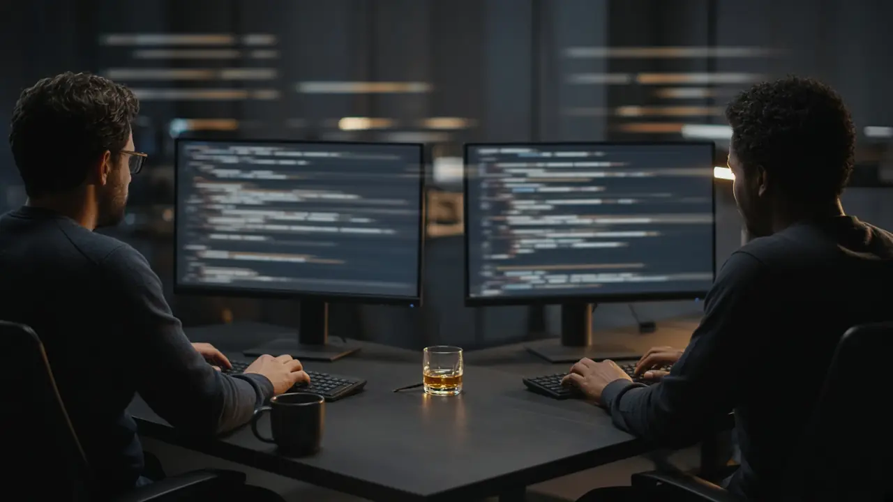 Two engineers at monitors of soft light. The code cannot be read.