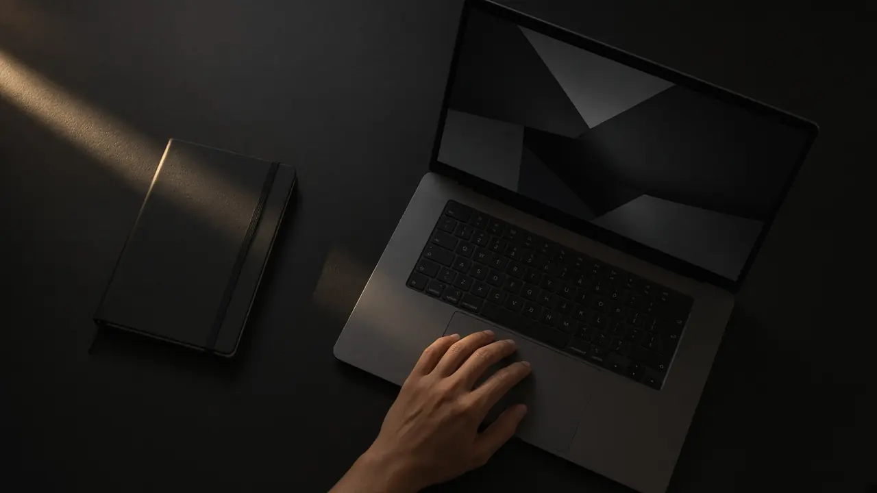 A hand on a trackpad. The laptop screen is abstract blocks.