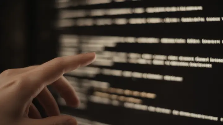 A monitor of soft light streaks, like code out of focus, with a hand at the edge.