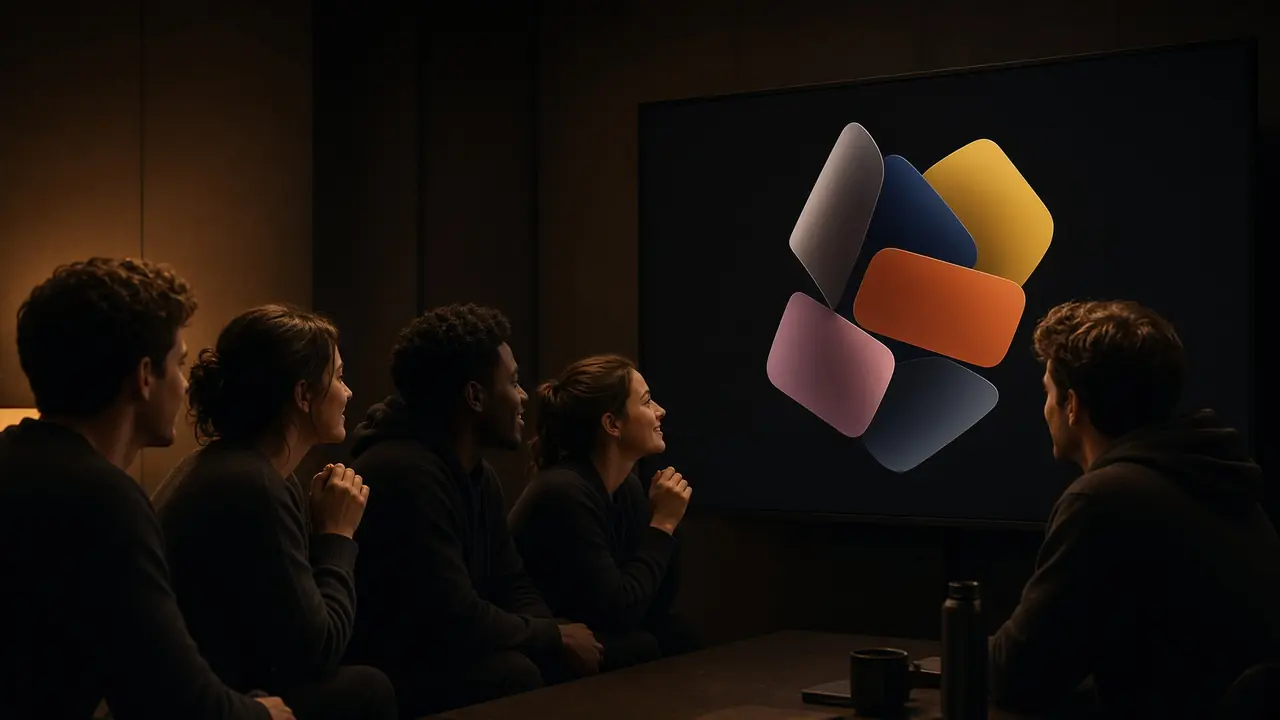 A team watches a screen at a launch moment. There is no text.