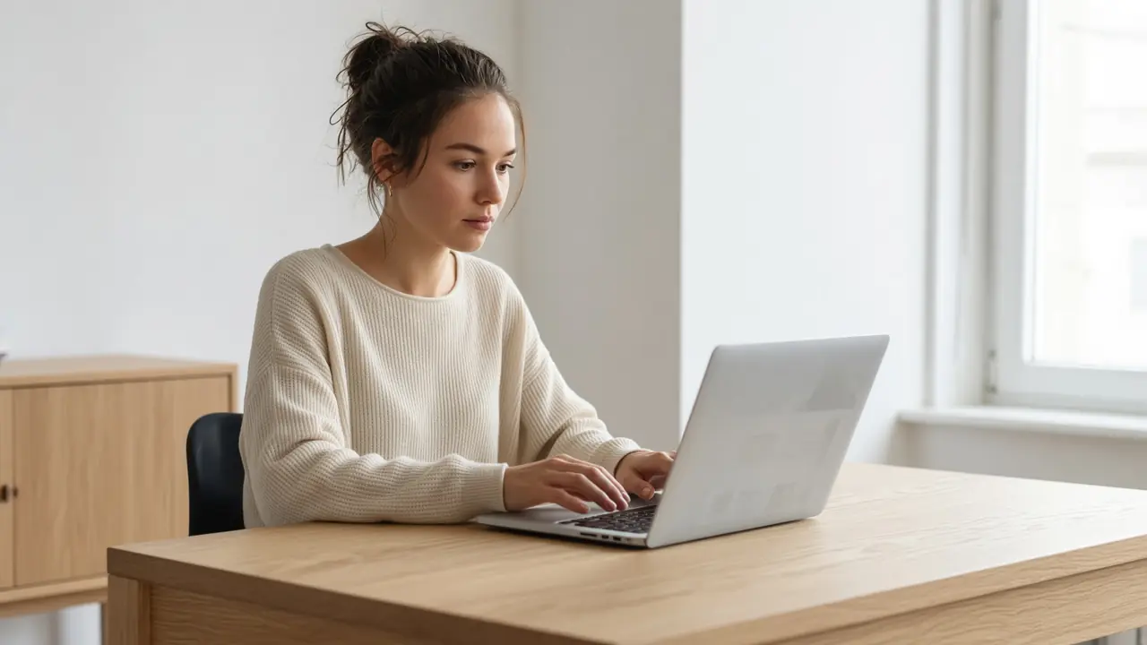 A person at a bright desk. The laptop layout cannot be read.