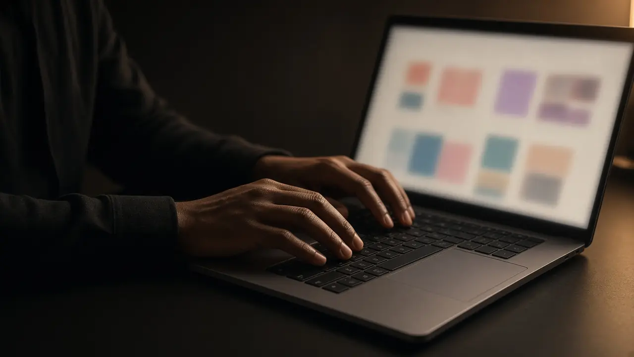 Hands on a laptop in a dark studio. The screen is only soft color blocks.