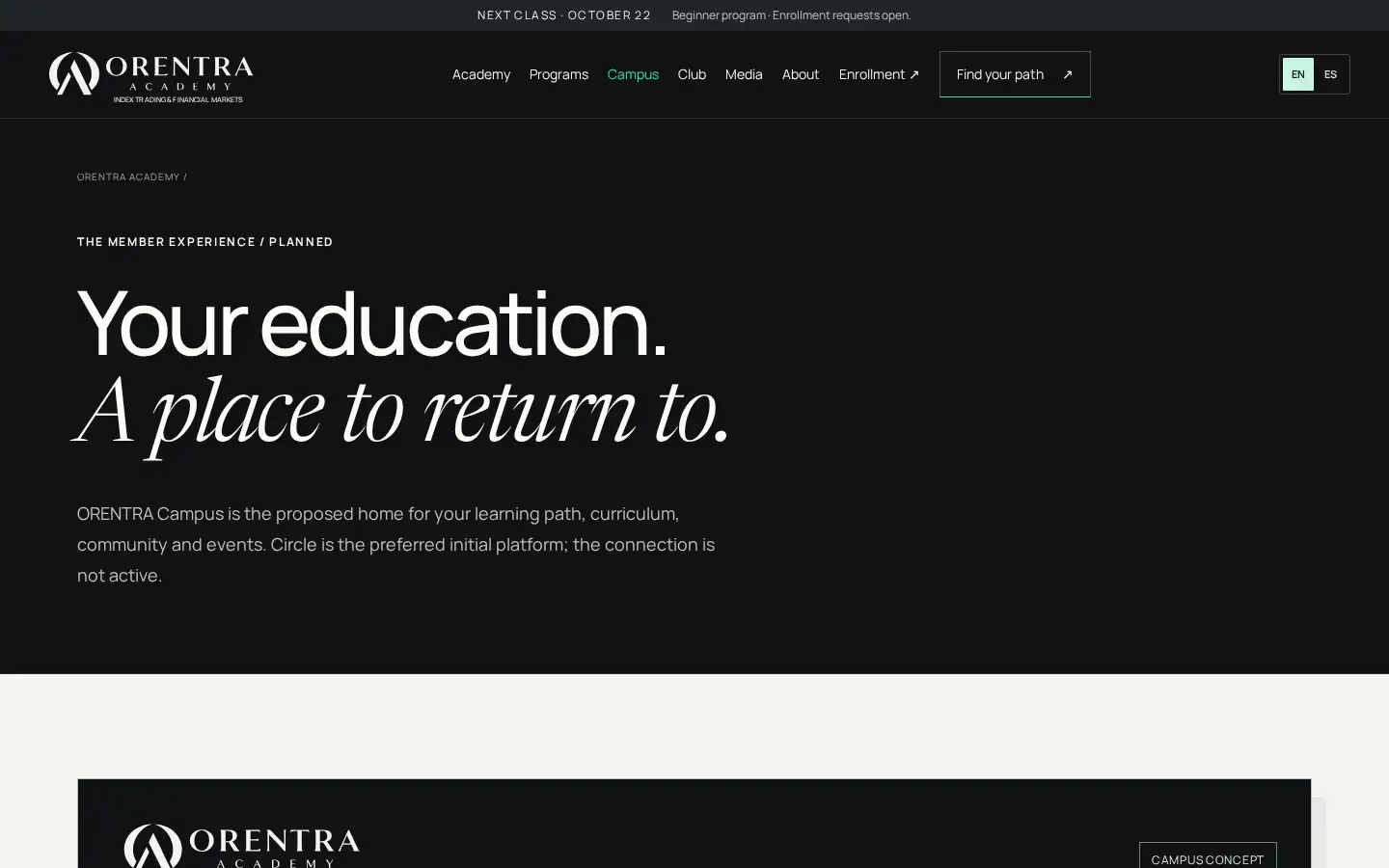 ORENTRA ACADEMY campus section.