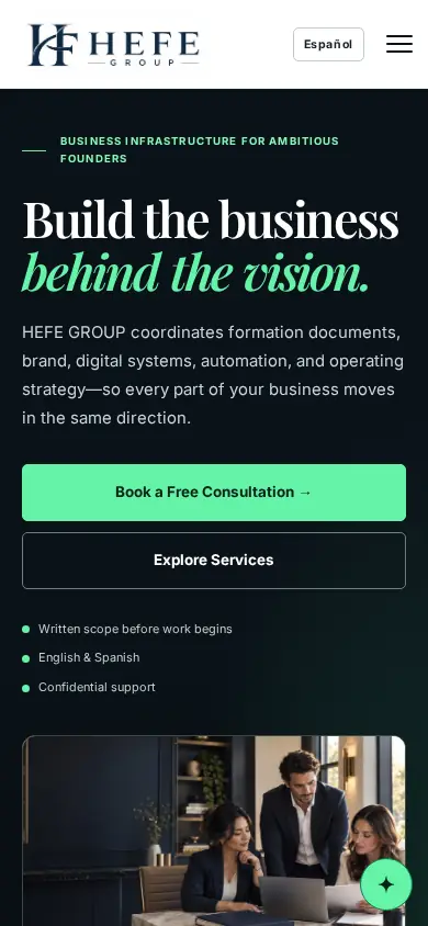 HEFE GROUP homepage on a phone.