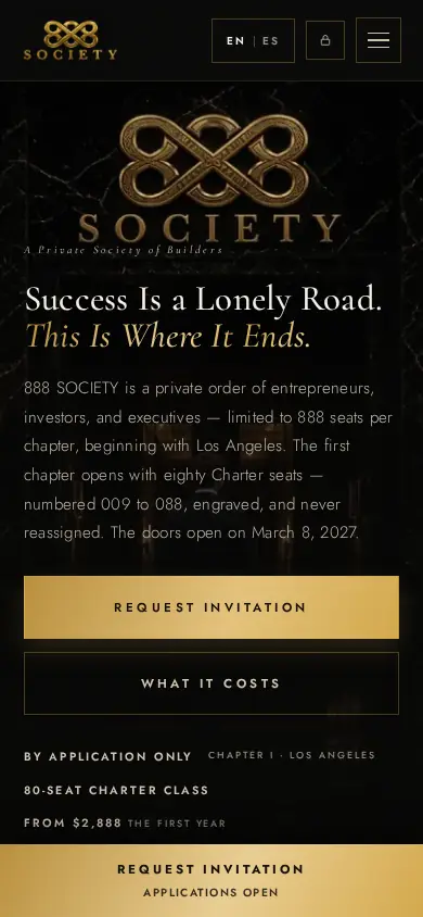 888 SOCIETY homepage on a phone.